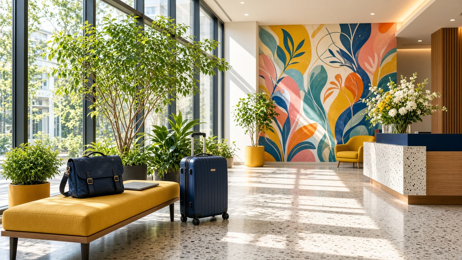 A sunlit office lobby with a bag and suitcase, ready for arrival