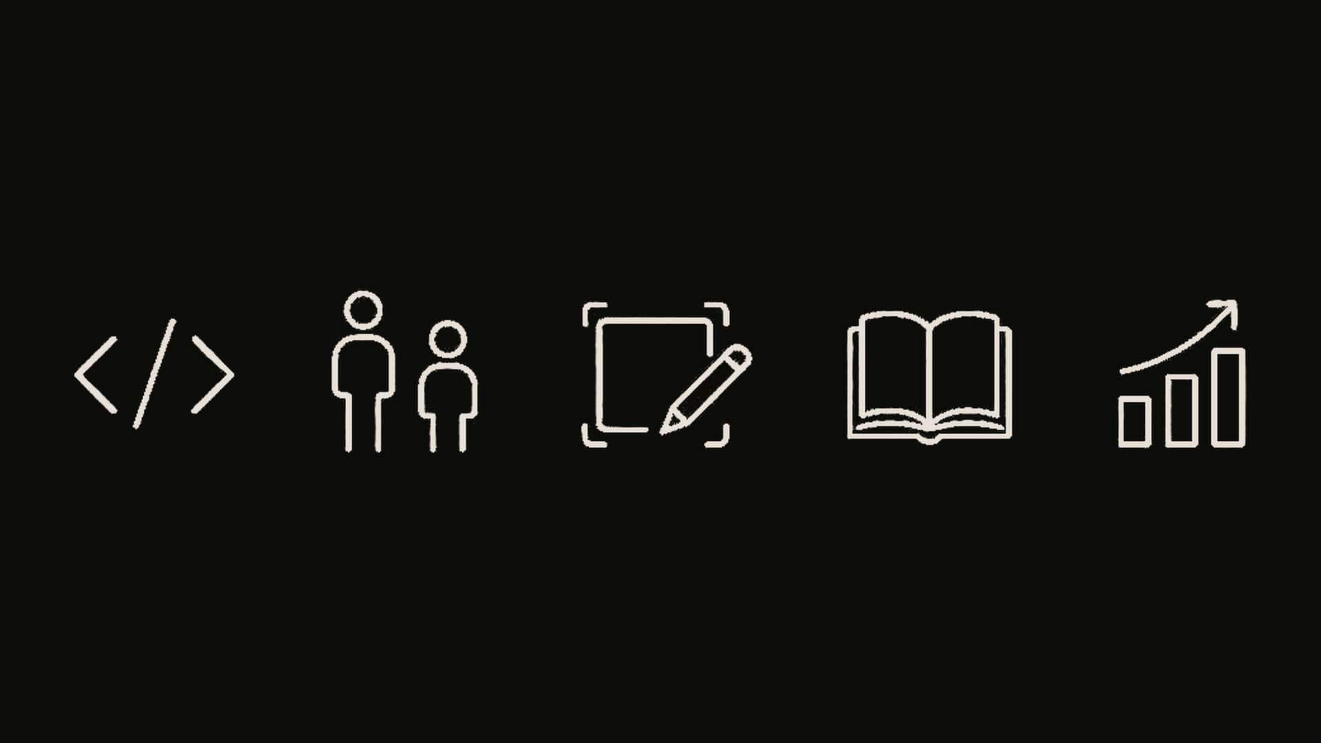 Line drawing of engineering, leadership, design, research, and data